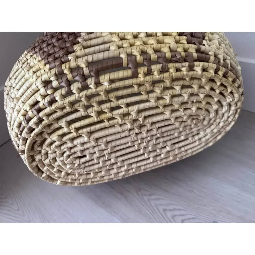 Vintage Handwoven Straw Raffia Tribal Large Basket with Handles